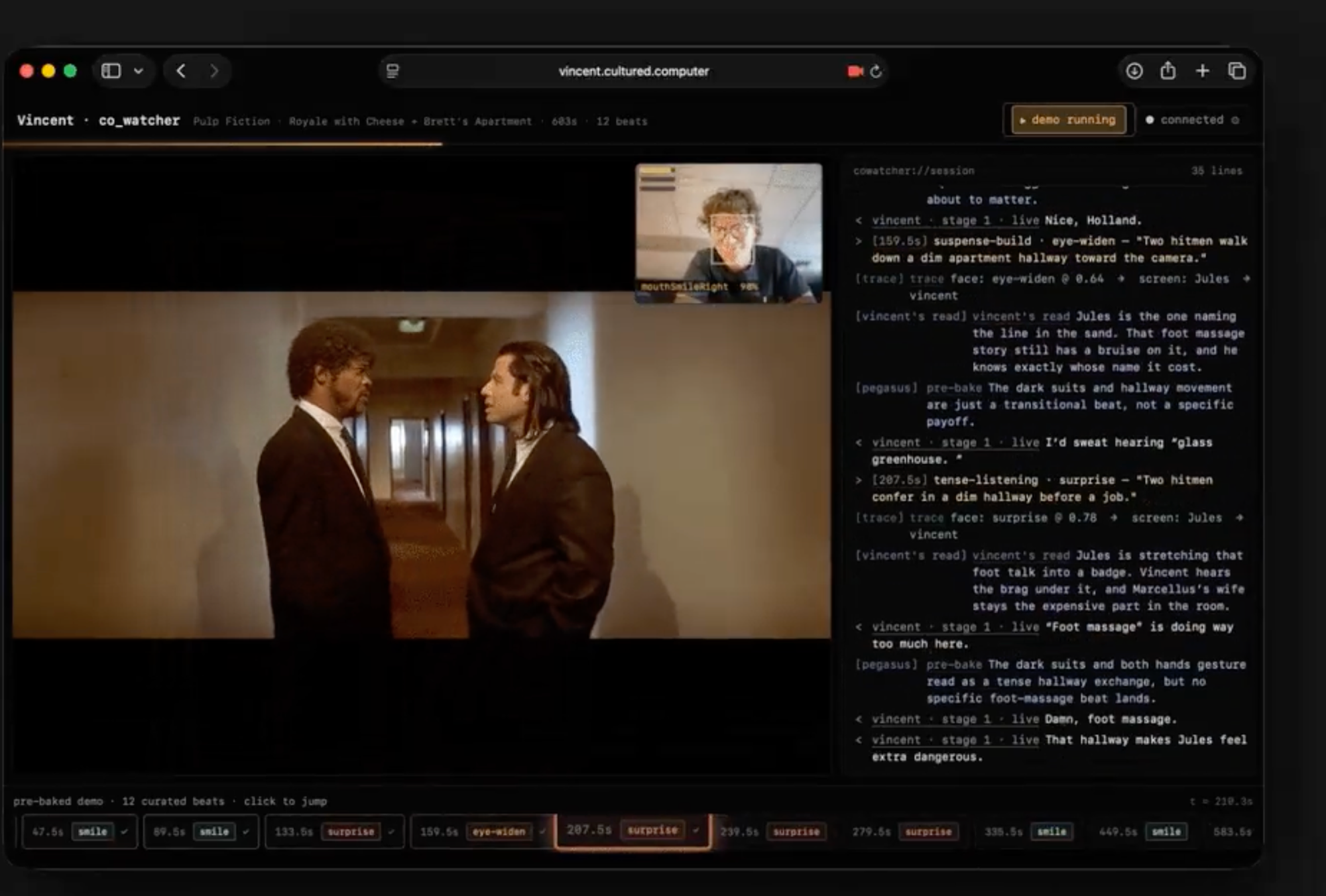 the co-watcher: a person reacting to the Pulp Fiction clip, annotated live
